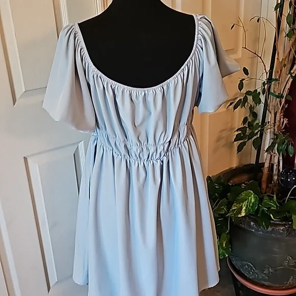 Merikeety blue off the shoulder dress, has side pockets. - Picture 6 of 8